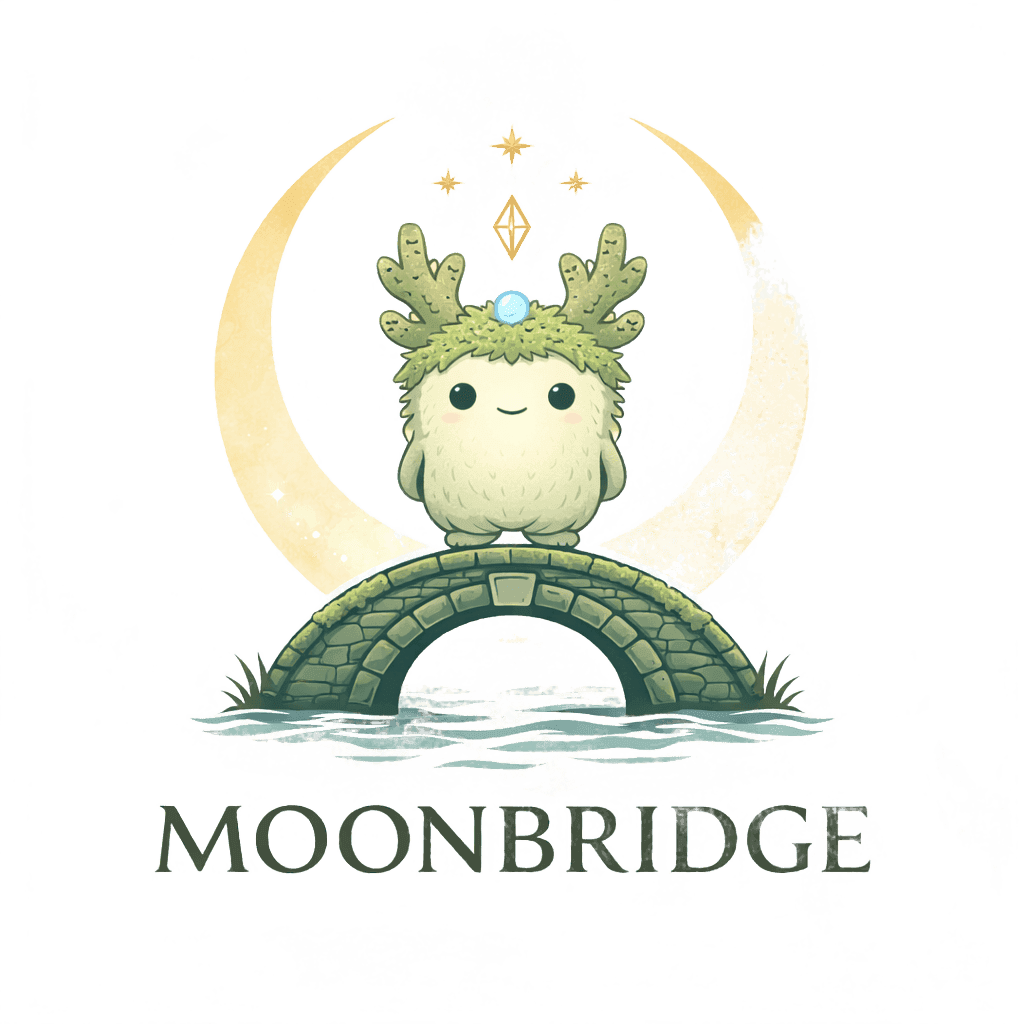 Moonbridge spirit mascot - friendly creature on stone bridge under crescent moon
